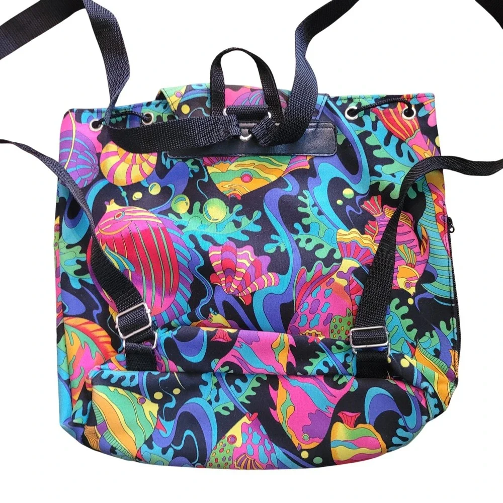 Vintage Hawaii Souvenir‎ Backpack Neon Psychedelic Fish Sea Life Drawstring Bag